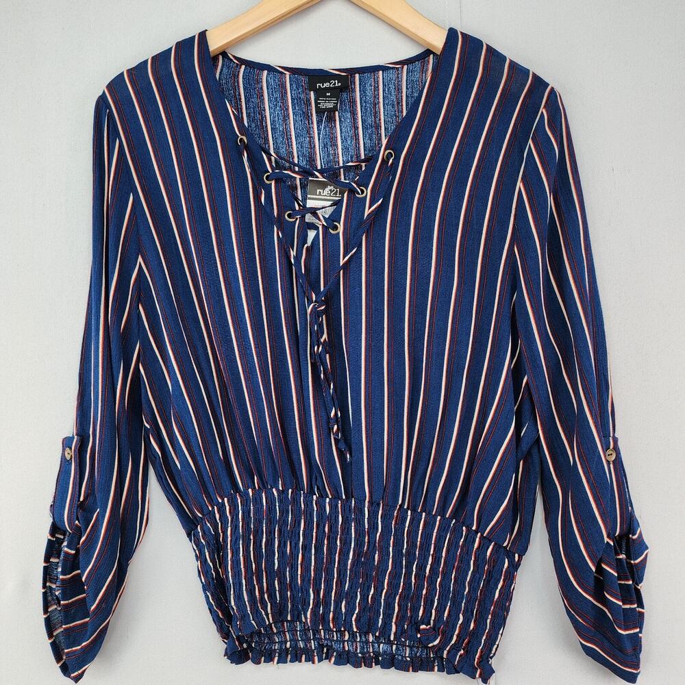 NWT Rue 21 Juniors Blouse Medium Blue Striped V Neck Long Sleeve Cropped Top - Picture 2 of 12